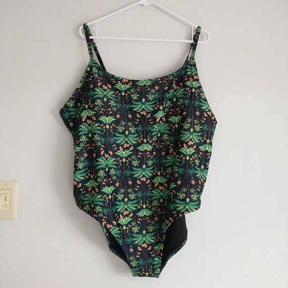 Old Navy One Piece Swimsuit Plus 4x Black Green Floral Adjustable Hawaiian New - Picture 1 of 13